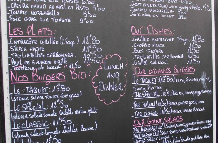 Le Bar l'Au Taquet à Paris 9 - Le menu